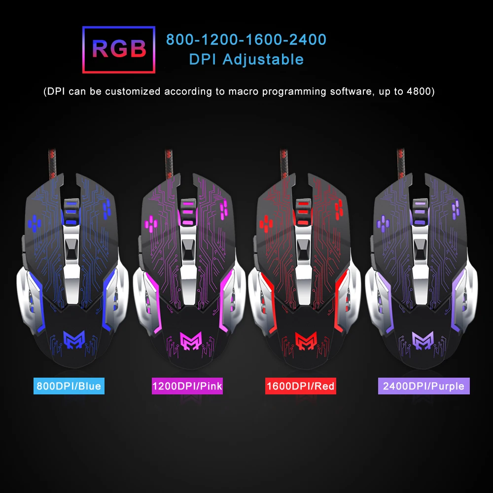Anmck Silent Click USB Wired Gaming Mouse 6 Buttons 4800DPI Mute Optical Computer Mouse Gamer Mice for PC Laptop Notebook Game