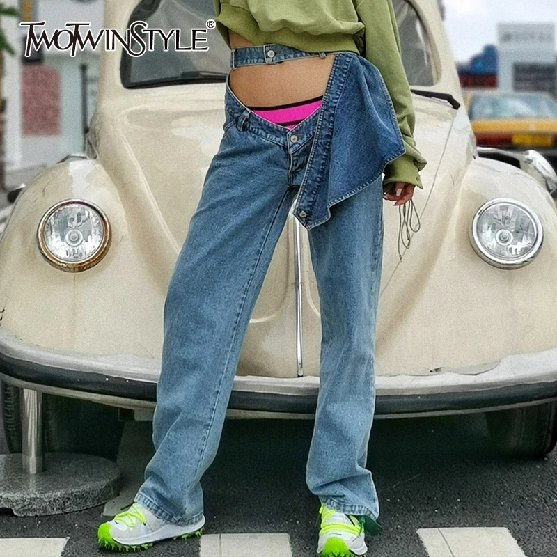 TWOTWINSTYLE уличная выдалбливают Для женщин джинсы Высокая талия из джинсовой ткани в