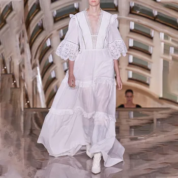 

Women Embroidery Maxi Dress Summer Lace Hollow Out High Waist Tunic Casual Holiday Dress