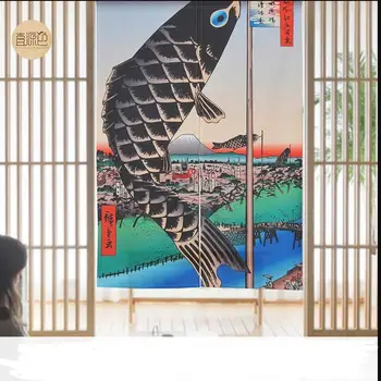 

Custom size Thick Pound Cotton linen Japanese Style Wind Floating World Painted Blackout Curtain Porch Feng Curtain Tube Rod
