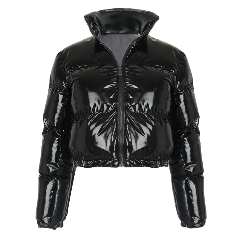 Abrigo grueso cálido de charol para mujer, chaqueta acolchada con cremallera Latex resistente al agua, Parkas de estilo corto para invierno