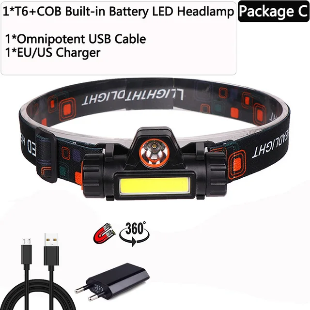 Pacakge C Налобный фонарь Портативный мощный светодиодный USB Перезаряжаемый XPE+ COB налобный фонарь встроенный аккумулятор водонепроницаемый Головной фонарь - Испускаемый цвет: Pacakge C
