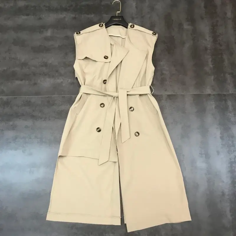 

2019 autumn new fashion double-breasted tie with sleeveless solid color long trench coat vest female