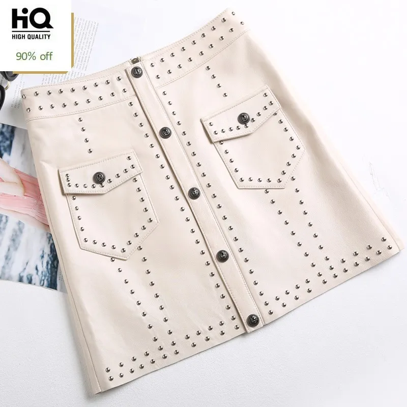 2020 Herfst Winter Vrouwen Echte Schapenvacht Lederen Rok Zwart Wit Hoge Taille Klinknagel Enkele Breasted Ol A-lijn Sexy Mini Rokken 2020 Herfst Winter Vrouwen Echte Schapenvacht Lederen Rok Zwart Wit Hoge Taille Klinknagel Enkele Breasted Ol A-lijn Sexy Mini Rokken