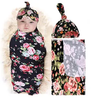

2 Pcs/set Newborn Baby Cart Blanket Hat Set Cotton Printing Infant Swaddling Wrap Cap