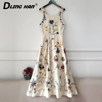 

LINGHAN Sexy Backless Long Dress Elegant Floral Embroidery O-Neck sleeveless Party Dresses Designer Summer Women's New