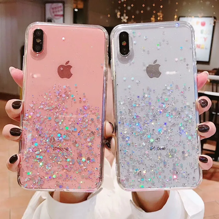 Чехол для iPhone 8 7 Plus 6 6S X XR XS MAX 10 прозрачный с блестками | Мобильные телефоны и