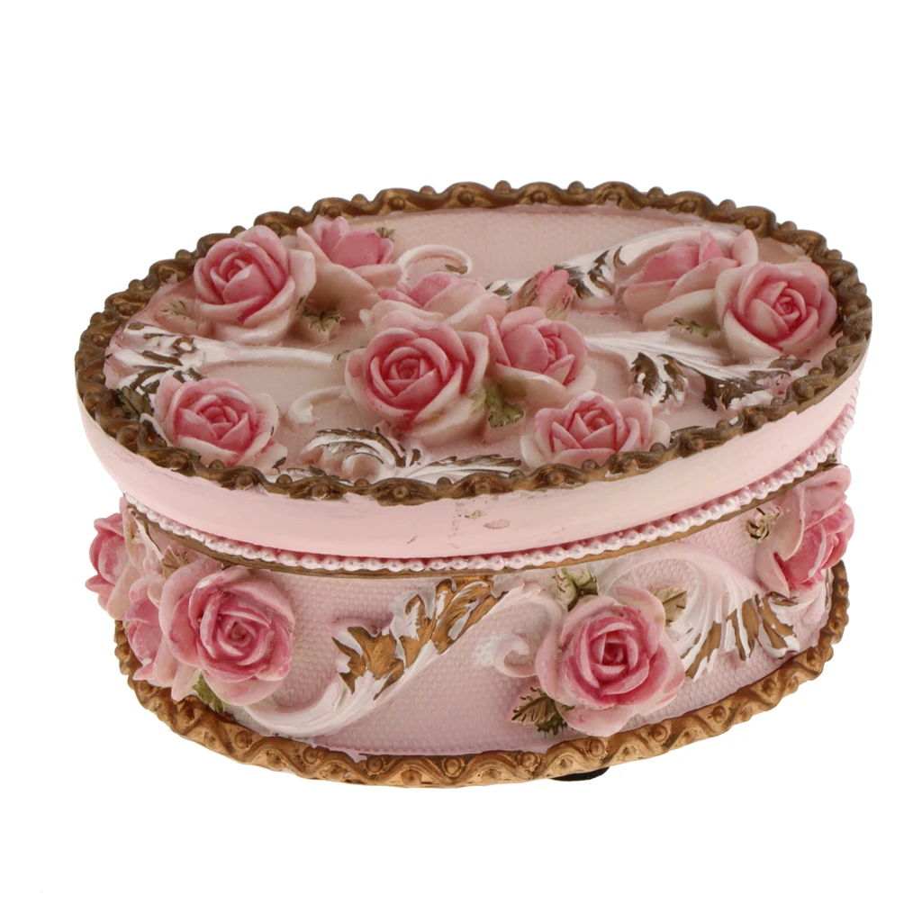 Country Style Rose Flowers Oval Shape Resin Wedding Jewelry Bride Bridesmaid Keepsake Box Storage Container Case