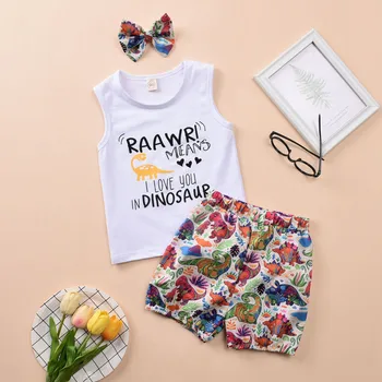 

Toddler Baby Boys Girls Summer Sleeveless Letter Print Tops+Dinosaur Shorts Outfit Set