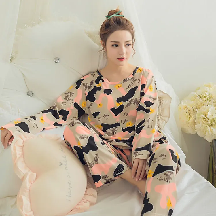 

Spring And Autumn Women Pajamas Orange Camouflage Crew Neck Pullover Qmilch Loose Casual Homewear Set