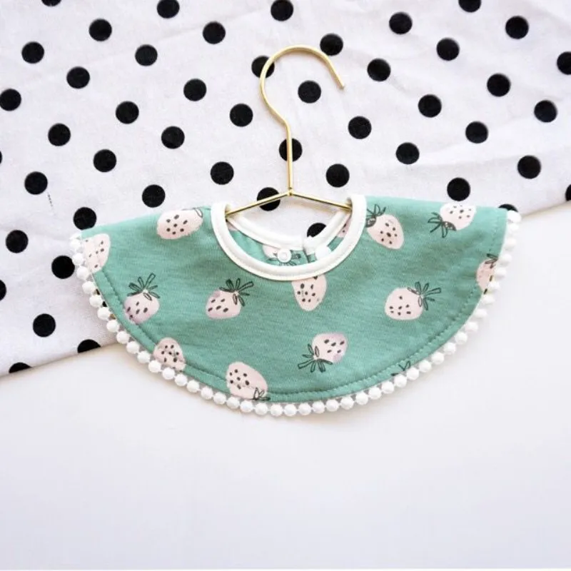 Baby Cotton Bibs Toddler Round Shape Printed Bib Infant Lovely Ruffled Burp Cloth Kids Feeding Scraf Children Accessories - Color: Peacock Blue