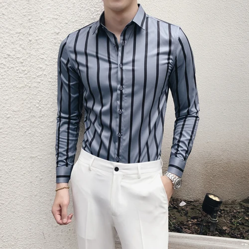 blue Мужская рубашка Smart casual, классический контрастный Стандартный крой, длинный рукав, полосатая рубашка, британский стиль, мужская рубашка размера плюс - Цвет: blue