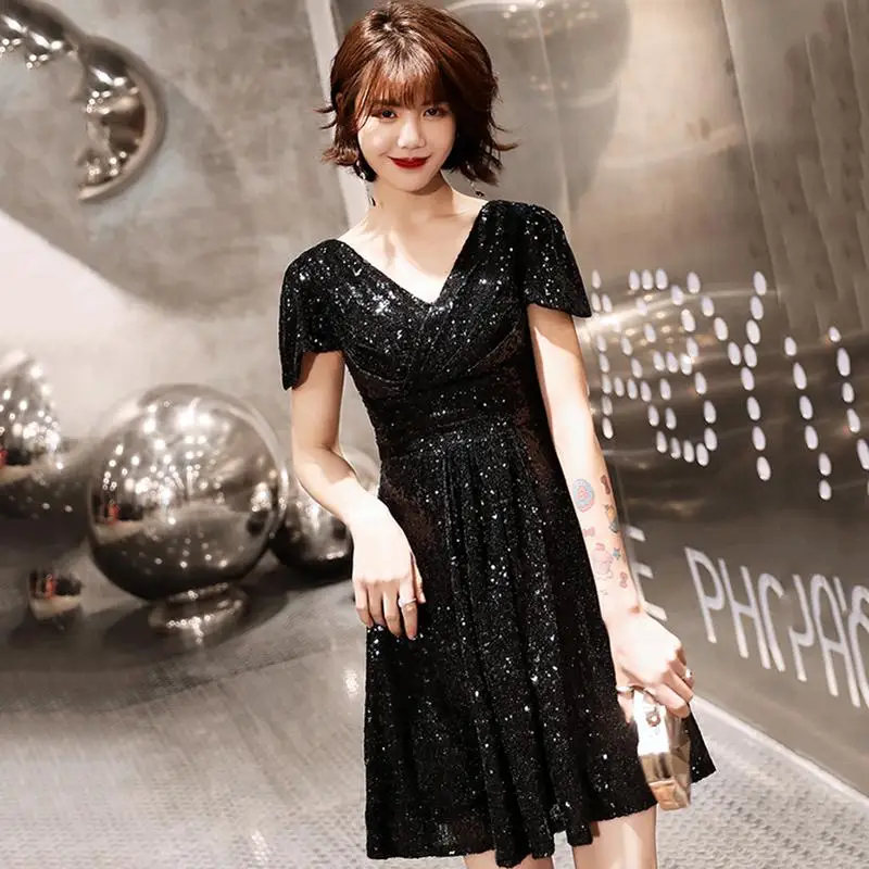 Женское сексуальное китайское платье на тонких бретельках, с кисточками, Cheongsam, серебряное, с блестками, Qipao, элегантное платье De Soiree, Мини вечернее платье - Цвет: Black 2