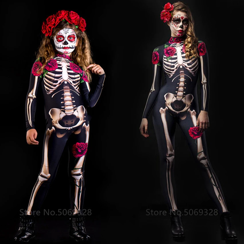 Family Costumes Adult Kids Halloween Costume Devil Women Skeleton Rose Horror Ghost Jumpsuit Performance Scary Day of The Dead