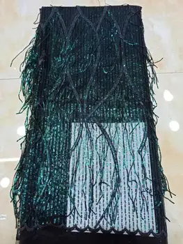 

Free shipping (5yards/pc) teal green sequins tassels lace fabric African French net lace fabric for fashion party dress YYZ0078