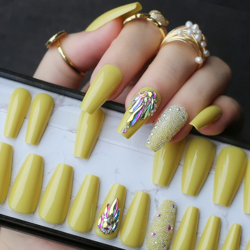 Amazon.com: Coolnail Neon Leon Yellow Press on False Nails Holo Gems Gold  Glitter Extra Long Coffin Ballerina Full Fingersnails Free Adhesive Tapes :  Beauty & Personal Care