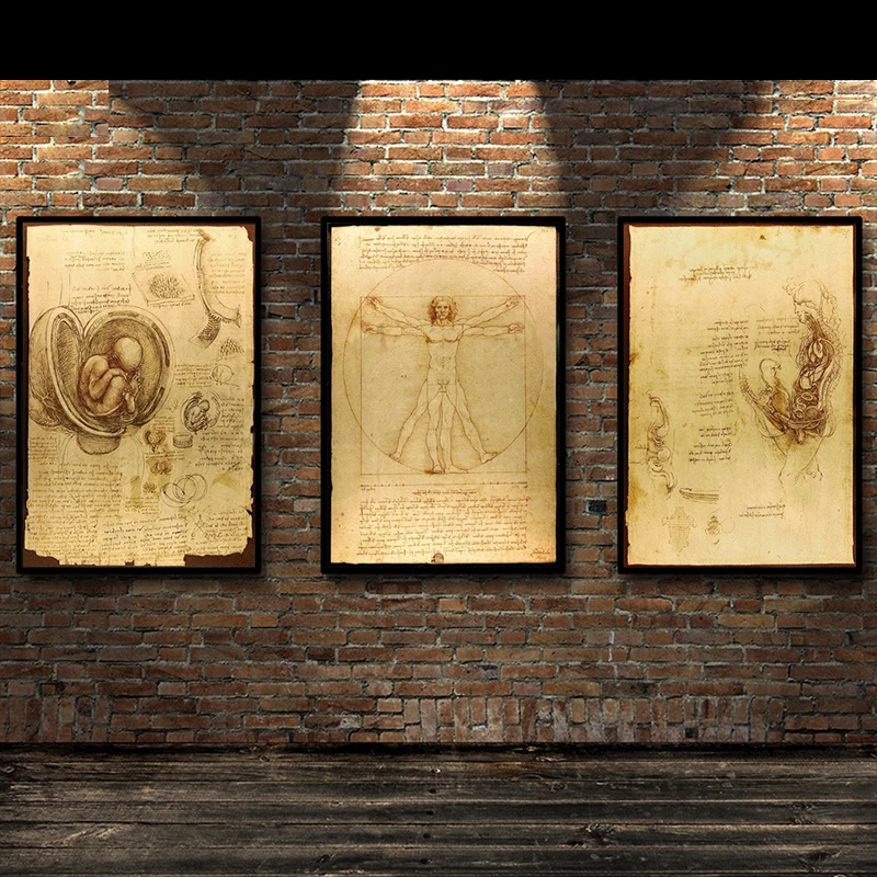 

COSY MOMENT Da Vinci Manuscript Vitruvian Man Posters Sketch Painting Vintage Poster Wall Decorative Paintings Wall Art ZS188