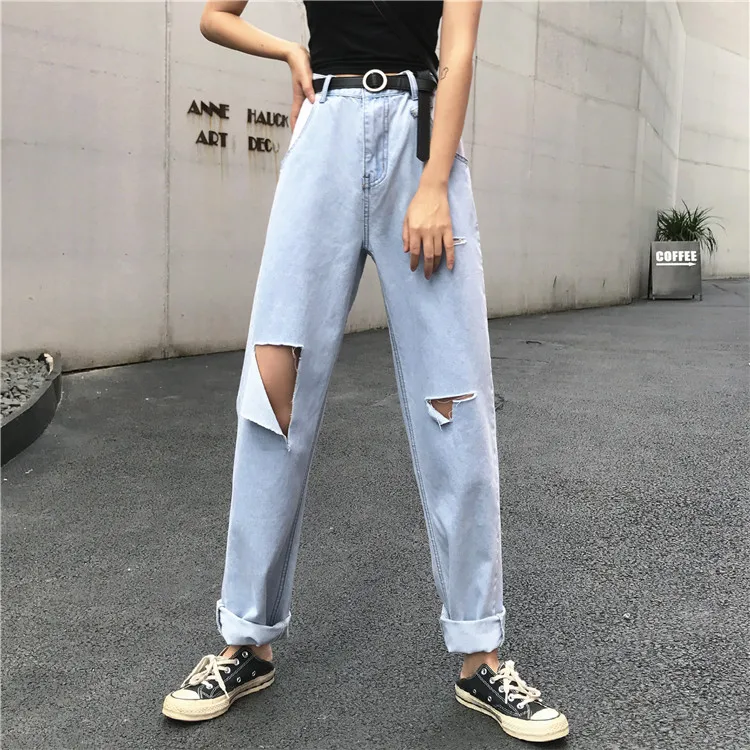 Для фотосессии,, летние, тонкие, с высокой талией, для похудения, с дырками, свободные, шаровары, светильник, синие джинсы, прямой крой