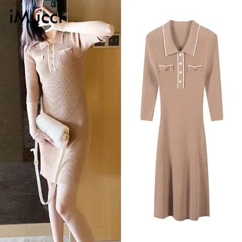 

Spring / summer 2020 new mid sleeve piping polo collar knitted dress with high waist and thin lapel
