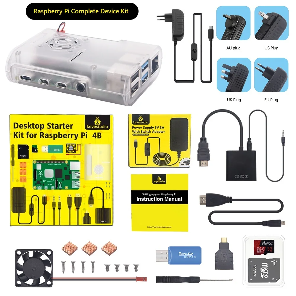 Оригинальный Raspberry Pi 4 Model B Kit + чехол из АБС-пластика SD-карта 32 ГБ вилка для США ЕС