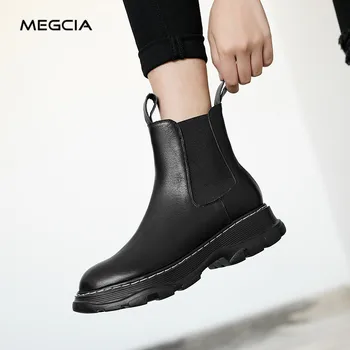 

MEGCIA Black Platform Ankle Boots Genuine Leather Chelsea Boots Women Thick Sole Punk Autumn Winter Boots White Shoes NEW A49