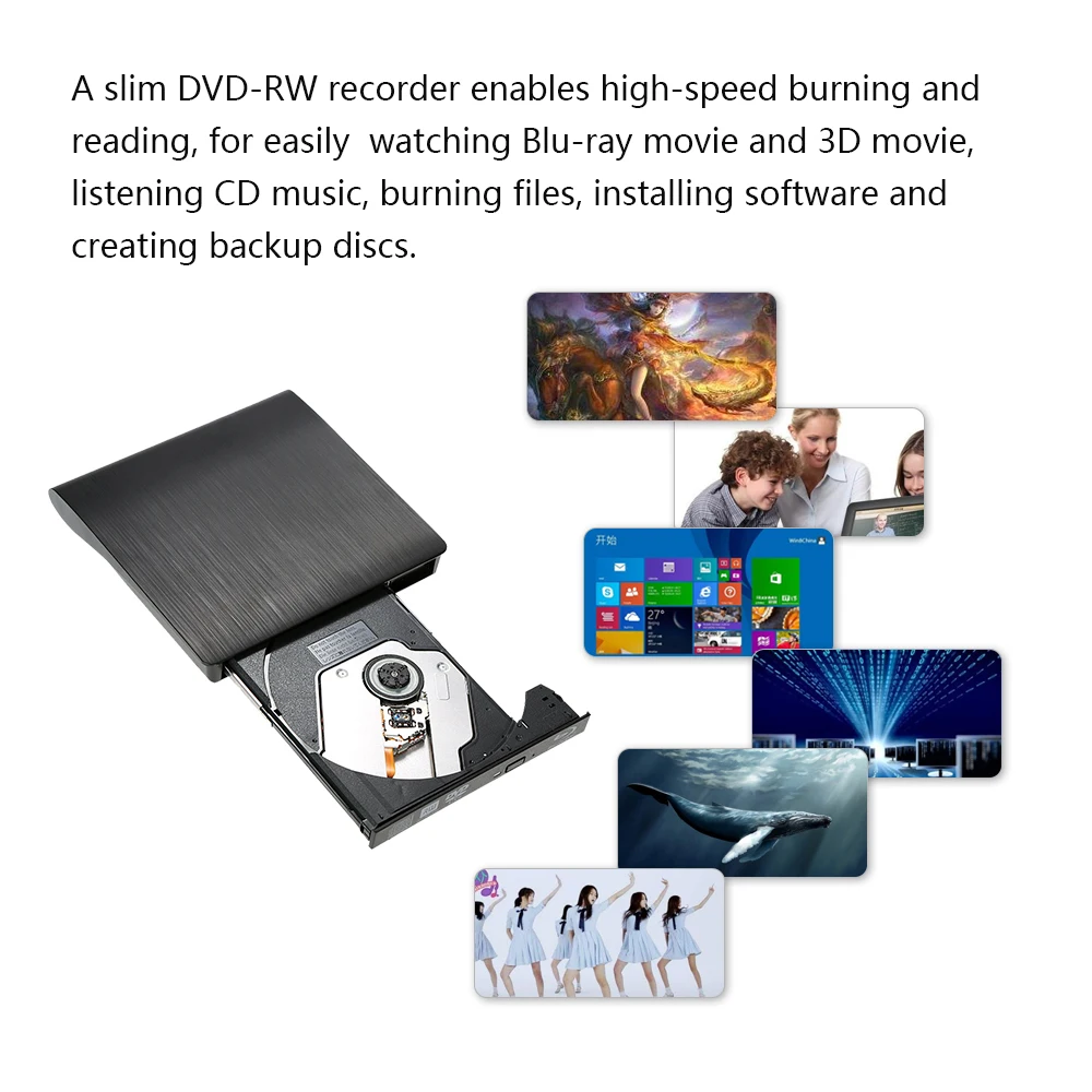 Ультра тонкий внешний диск DVD-RW USB 3,0 Писатель горелки BD-ROM 3D Blu-Ray плеер для Linux Windows Mac OS черный