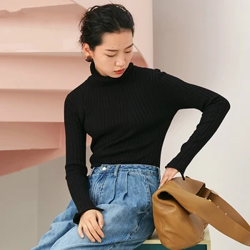 

Solid High Neck Pullover Retro Leisure Women Sweater 2019 Autumn Winter Wool Flounce Sleeve Slim Office Ladies Sweaters