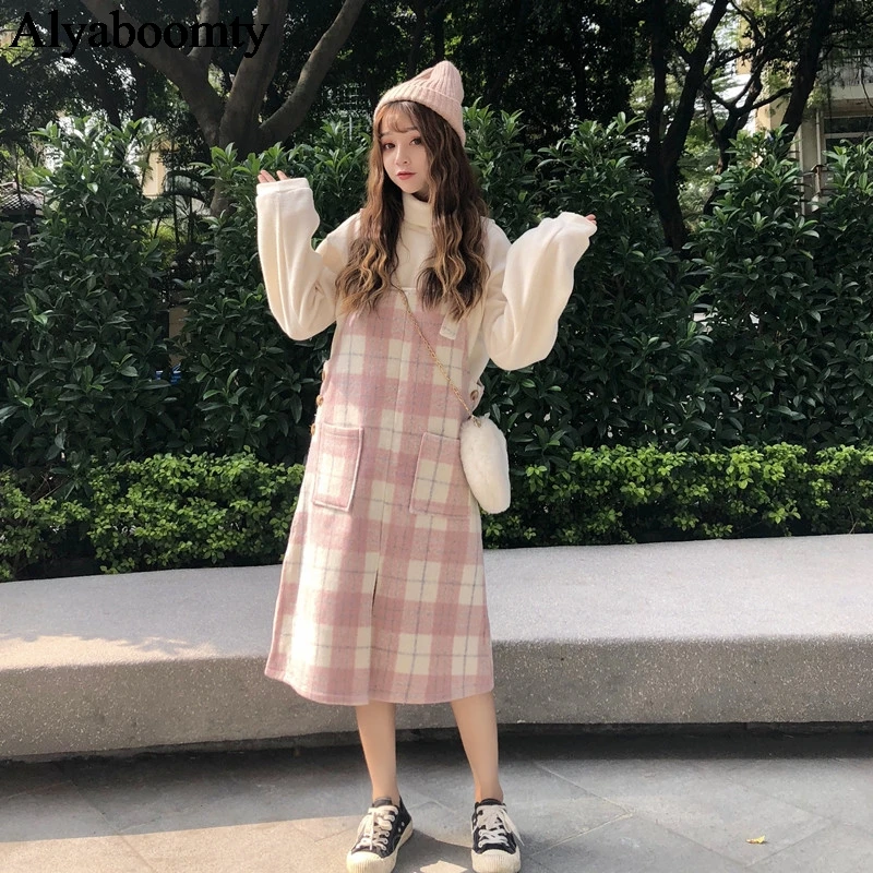 Японский консервативный стиль осень зима женский сарафан подтяжки розовый плед