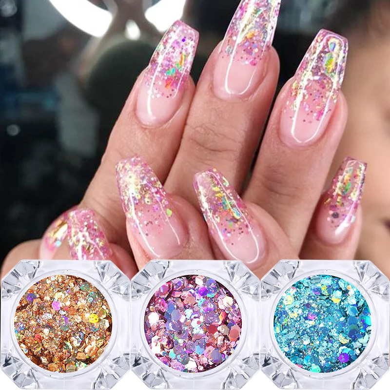 3D Mixed Hexagon Nail Dust Sets iridescent Glitter Sequins Flakes Decoration Nail Sparkling