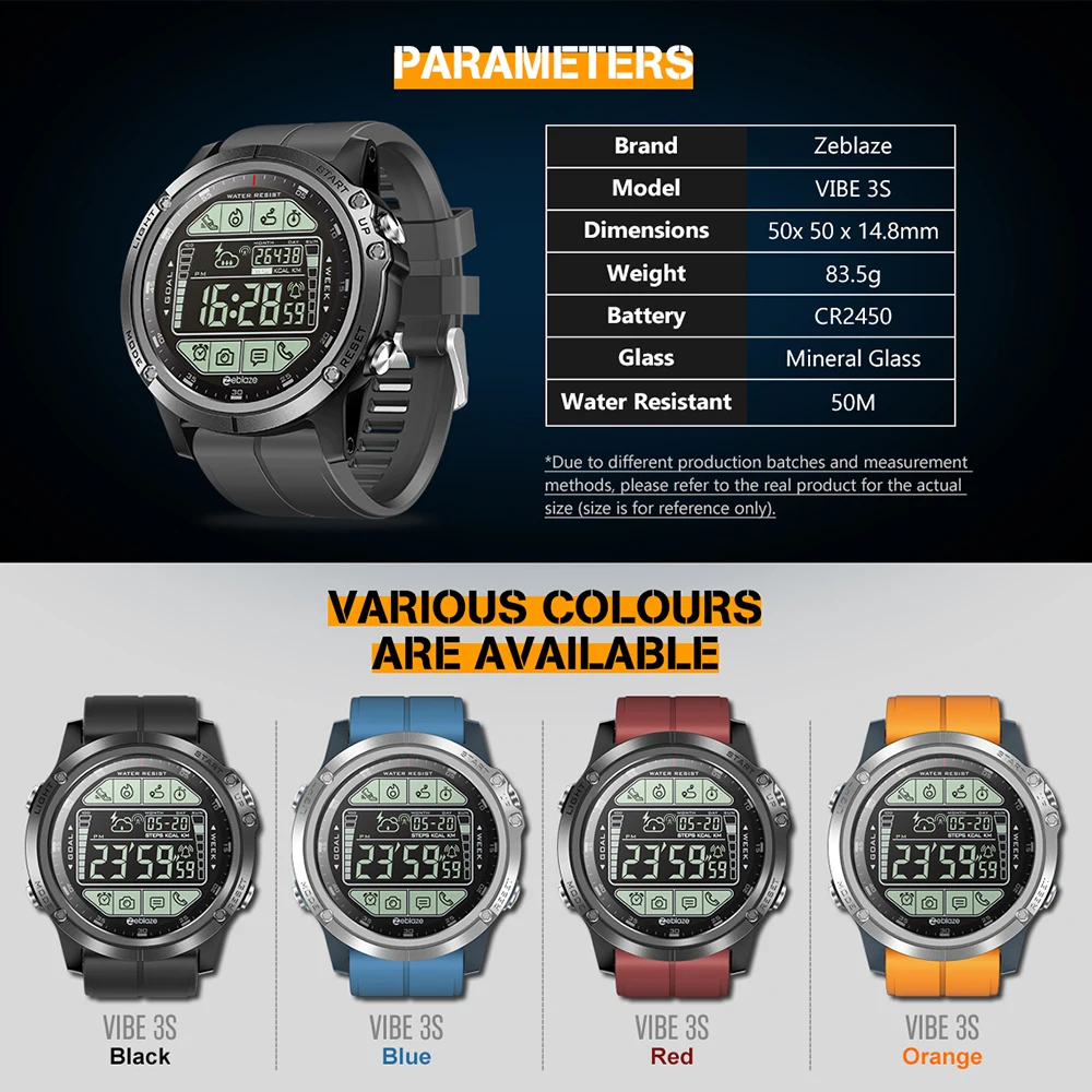 Zeblaze VIBE 3S пылезащитный ударопрочный Смарт-часы 1,24 дюймов наручные часы BT4.0 5ATM Водонепроницаемый Таймер Будильник Спорт на открытом воздухе Smartwatch
