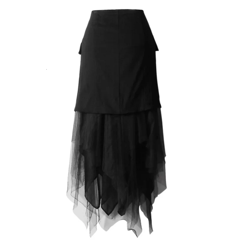 [EAM] Новинка, осенне-зимняя черная юбка с завышенной талией, с неровной сеткой, с разрезом, имитация двух полубоди, женская модная юбка, JL998