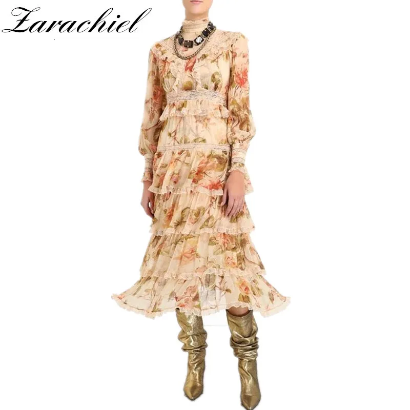 2019 Runway Bohemian Elegant Flower Print Layer Cake Dress Lace Trims Ruffled Collar Long Lantern Sleeve High Waist |