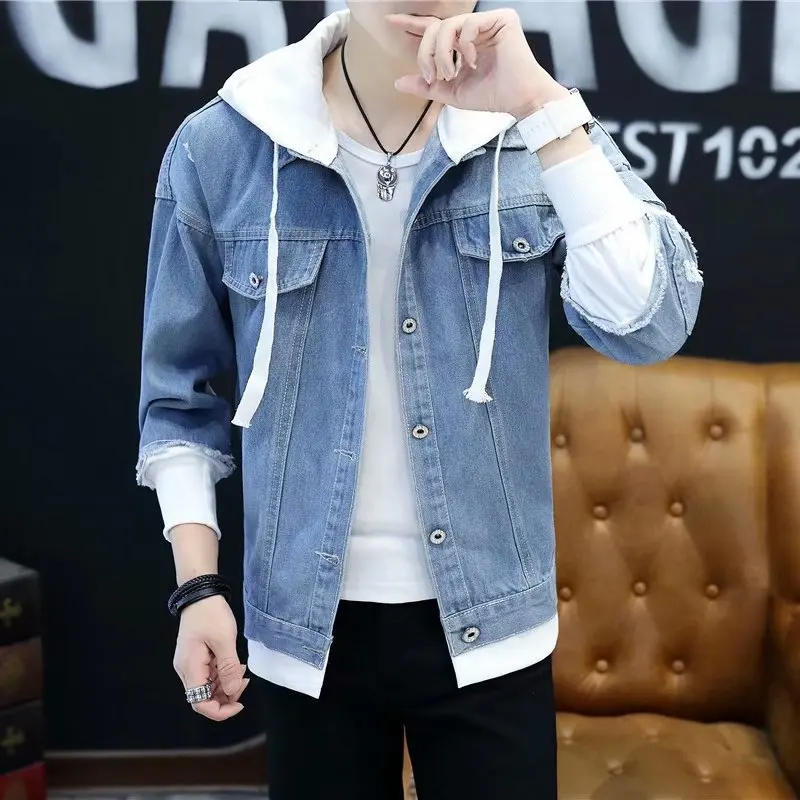 

Korean-style Men Loose-Fit with Holes Jacket Hooded Cowboy Clothes Autumn Clothing Mock Two-Piece Teenager Trend Jeans Coat