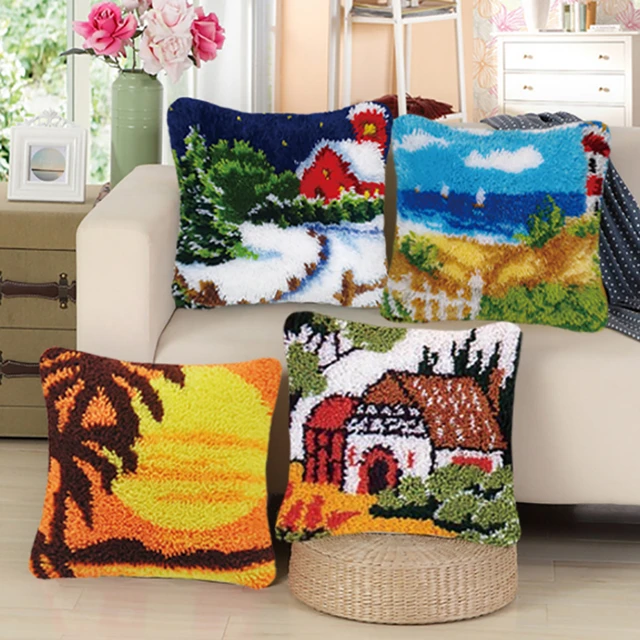 Latch Hook Pillow Kits Pillowcase DIY Needlework Crocheting Kit Rug Yarn  Handmade Unfinished Embroidery