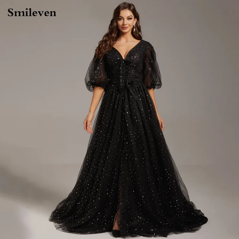 

Smileven Black Sginy Glitter Tulle V Neck Prom Dress A Line Short Sleeve Evening Party Gowns Custom Made Prom Gowns