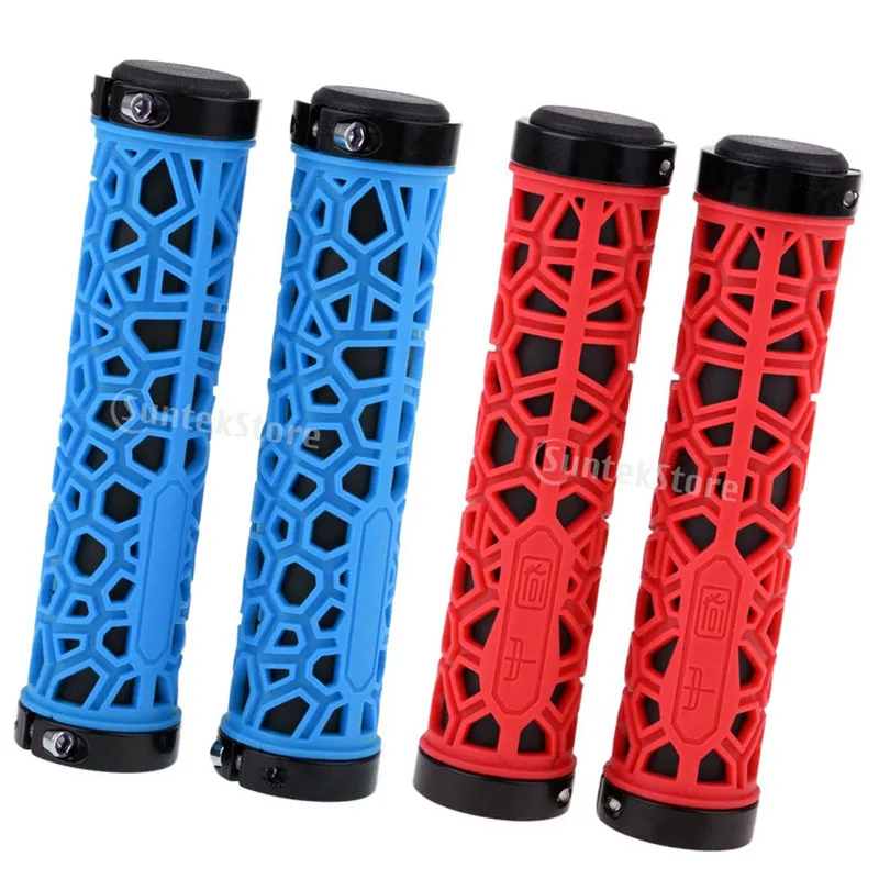 Double Lock-on Bicycle Handlebar Grips TRR Rubber Cycling Parts for MTB BMX Mountain City and Folding Bike Red and Blue