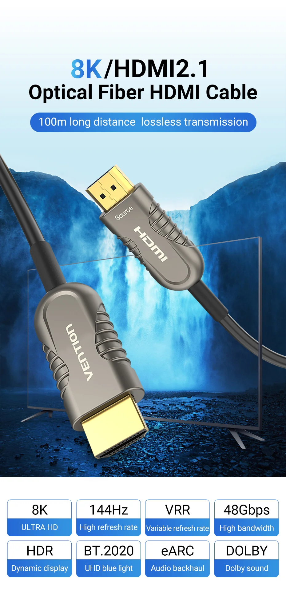 Câble HDMI Vention 8K 120Hz 48Gbps Câble HDMI Fibre Optique Ultra Haut