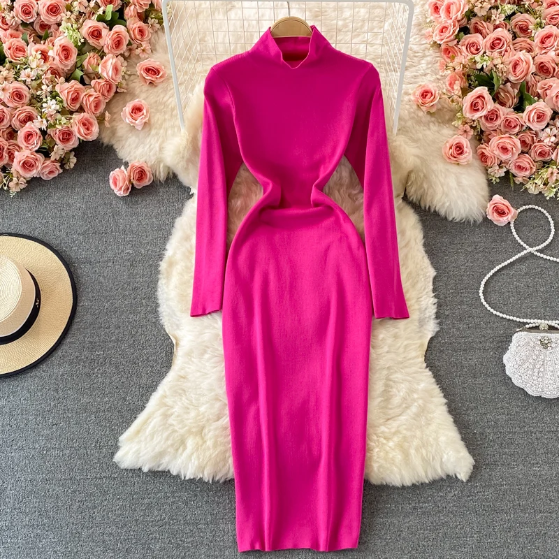 

Elegant Women's Solid Knit Dress for Autumn And Winter High Neck Long Sleeve Bodycon Dress Base Package Hip Robe Female Vestidos