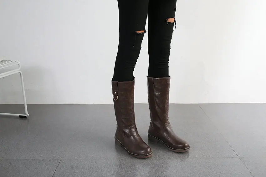 QUTAA/ г. Сапоги до середины икры в стиле ретро с круглым носком из PU искусственной кожи без застежки модная осенне-зимняя повседневная женская обувь на среднем каблуке размеры 34-43