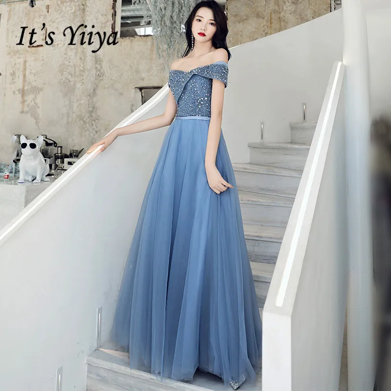 

It's Yiiya Evening Dress Off Shoulder Beading Evening Dresses Shining Crystal Long Formal Gowns Plus Size robe de soiree LF121