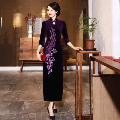 Sheng Coco винтажные элегантные длинные Qipao Павлин цветы велюр вышитые Cheongsam женские традиционные китайские платья Шанхай - Цвет: Purple qipao