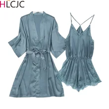 Сексуальный соблазнительный женский халат и халат, кружевной Халат+ комбинезон, одежда для сна, Женский комплект для сна из искусственного шелка, женское белье