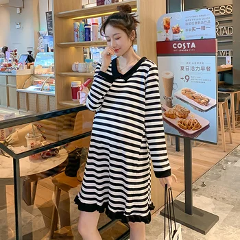 

969# 2020 Autumn Knitted Cotton Maternity Dress Plus Size Loose Long Sleeve Clothes for Pregnant Women Fall Pregnancy Shirt Tops