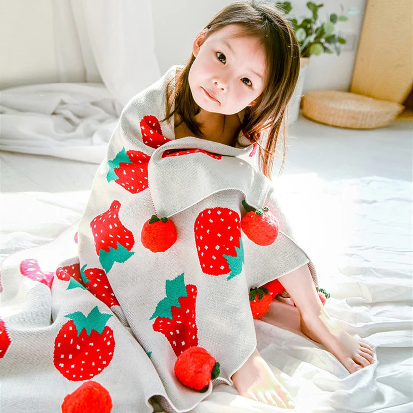 Christmas bedding Strawberry knit blanket tassels with pompom cotton wool blanket sofa throws baby sleep blanket