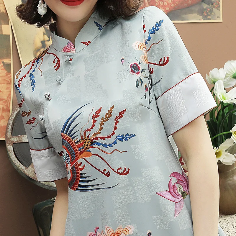 Весенние новые элегантные женские Cheongsam короткое ожерелье с косой планкой на пуговицах платья синие повседневные короткие тонкие платья чонсам