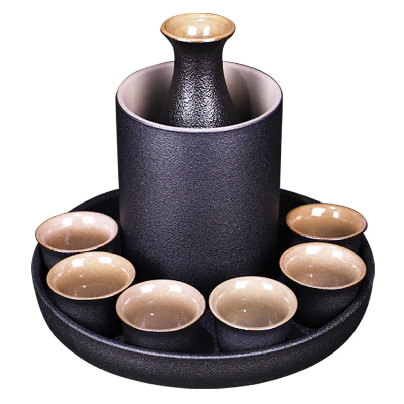 Japanese Style Ceramic Sake Pot Cup Set Black Pottery Liquor Wine Bottle Cups Tray ceramic sake set