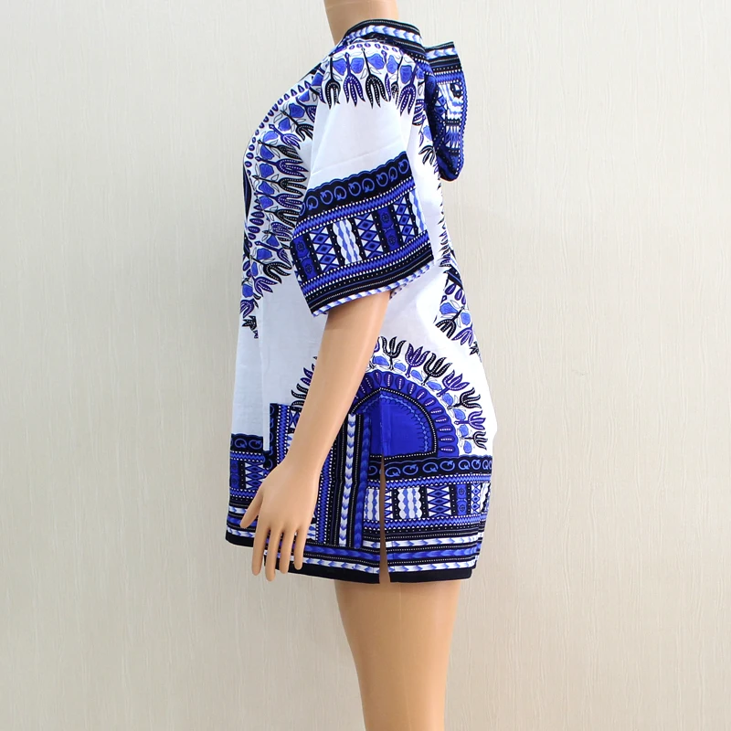 Африканская одежда Дашики производства хлопок v-образным вырезом белый синий короткий рукав с капюшоном Топ