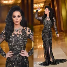 Черное кружевное вечернее платье с аппликацией, вечернее платье с длинным рукавом, роскошное сексуальное платье с кристаллами и бисером в арабском дубайском стиле, платья для выпускного вечера