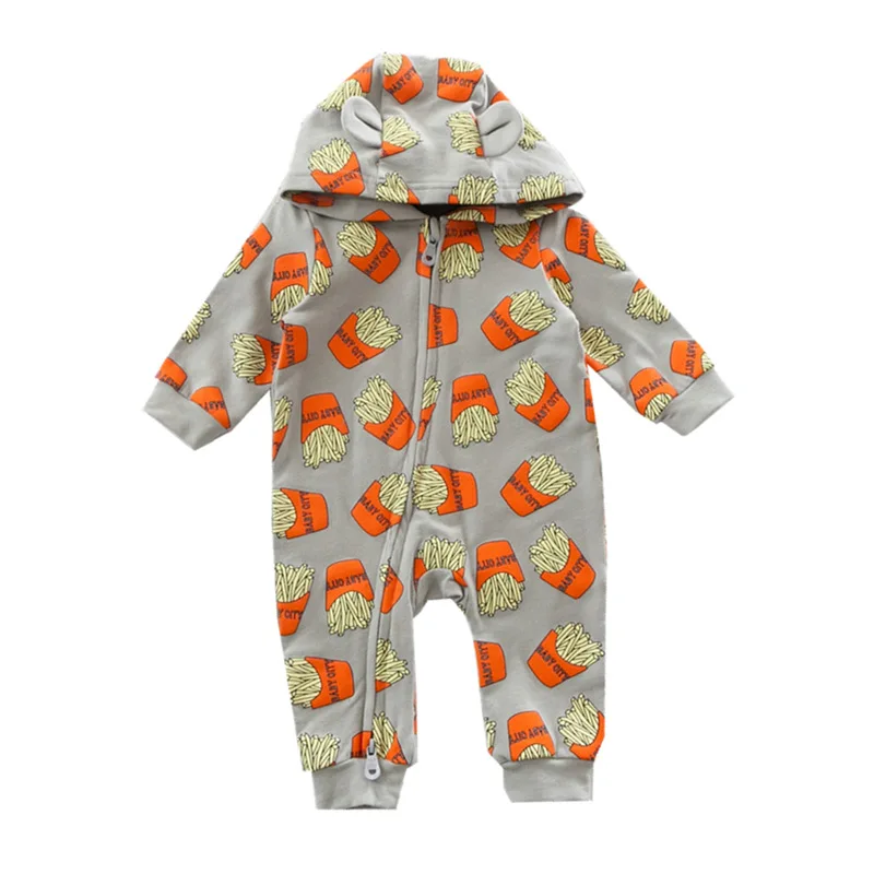 

Support Infant Jumpsuit Spring And Autumn Long-sleeve Jumpsuit French Fries Printed Hooded Zipper Nursing Crawling Clothes