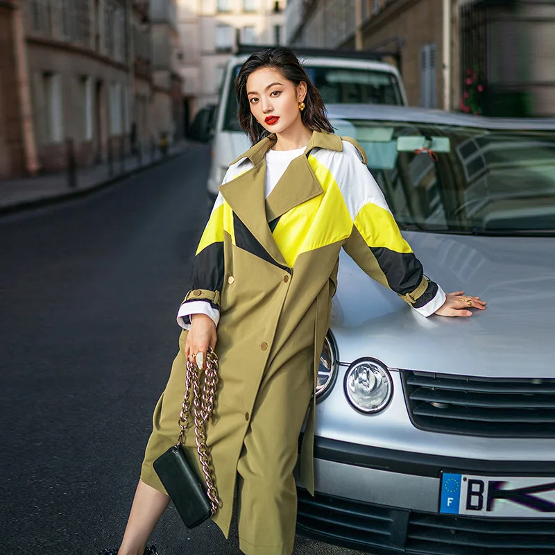 

High Quality New Designer Trench Coat Women Long Sleeve Double Breasted Patchwork Color Female Loose Long Fashioon Trench
